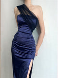 Tineit Modest Sheath One Shoulder Sleeveless Navy Blue Slit Satin Prom Dresses Long Evening Dress (PRE-ORDER)