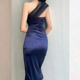 Tineit Modest Sheath One Shoulder Sleeveless Navy Blue Slit Satin Prom Dresses Long Evening Dress (PRE-ORDER)