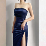 Tineit Modest Sheath One Shoulder Sleeveless Navy Blue Slit Satin Prom Dresses Long Evening Dress (PRE-ORDER)