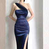 Tineit Modest Sheath One Shoulder Sleeveless Navy Blue Slit Satin Prom Dresses Long Evening Dress (PRE-ORDER)