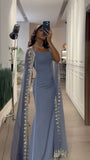 Tineit Modest Sheath Square Neckline With Long Sleeves Blue Beads Prom Dresses Long Evening Dress (PRE-ORDER)