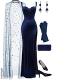 Tineit Modest Sheath Straps Navy Blue Velvet Slit Prom Dresses Long Evening Dress (PRE-ORDER)