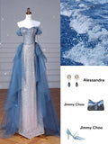 Tineit Elegant Sheath Off The Shoulder Blue Sequin Prom Dresses Long Evening Dress (PRE-ORDER)