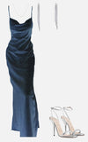 Tineit Elegant Sheath Spaghetti Straps Navy Blue Silk Satin Prom Dresses Long Evening Dress (PRE-ORDER)