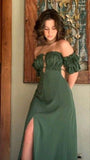 Tineit Elegant A line Off The Shoulder Green Slit Satin Prom Dresses Long Evening Dress (PRE-ORDER)