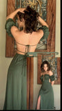 Tineit Elegant A line Off The Shoulder Green Slit Satin Prom Dresses Long Evening Dress (PRE-ORDER)