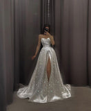 Tineit Elegant A line Sweetheart White Slit Sequin Prom Dresses Long Evening Dress (PRE-ORDER)