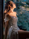 Tineit Elegant Sheath Off The Shoulder White Slit Sequin Prom Dresses Long Evening Dress (PRE-ORDER)