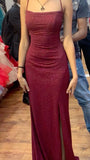 Tineit Elegant Sheath Spaghetti Straps Burgundy Slit Sequin Prom Dresses Long Evening Dress (PRE-ORDER)