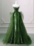 Tineit Elegant Sheath Strapless Sequin Green With Silver Beads Prom Dresses Long Evening Dress (PRE-ORDER)