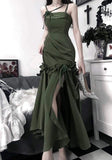 Tineit Elegant Sheath Straps Sleeveless Olive Green Satin Slit Prom Dresses Long Evening Dress (PRE-ORDER)