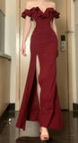 Tineit Elegant Sheath Off The Shoulder Burgundy Satin Slit Fold Prom Dresses Long Evening Dress (PRE-ORDER)