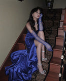 Tineit Elegant Sheath Sweetheart Sleeveless Blue Satin Slit Prom Dresses Long Evening Dress (PRE-ORDER)