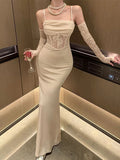 Tineit Elegant Sheath Spaghetti Straps Ivory Lace Fold Prom Dresses Long Evening Dress With Gloves (PRE-ORDER)