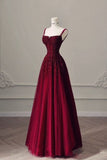 Tineit Elegant A Line Spaghetti Straps Burgundy Sequin Prom Dresses Long Evening Dress With Beads (PRE-ORDER)