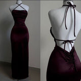 Tineit Elegant Sheath Halter Sleeveless Burgundy Satin Backless Prom Dresses Long Evening Dress (PRE-ORDER)