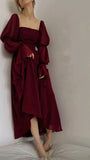 Tineit Elegant A Line Square Neckline Burgundy Chiffon Prom Dresses Long Sleeves Evening Dress (PRE-ORDER)