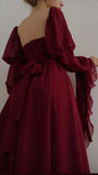 Tineit Elegant A Line Square Neckline Burgundy Chiffon Prom Dresses Long Sleeves Evening Dress (PRE-ORDER)