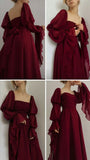 Tineit Elegant A Line Square Neckline Burgundy Chiffon Prom Dresses Long Sleeves Evening Dress (PRE-ORDER)