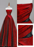 Tineit Elegant A line Strapless Red Satin Prom Dresses With Black Tulle Long Evening Dress (PRE-ORDER)