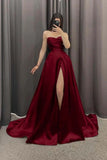 Tineit Elegant A line Sweetheart Burgundy Slit Satin Prom Dresses Long Evening Dress (PRE-ORDER)