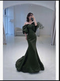 Tineit Elegant Mermaid Off The Shoulder Green Satin Prom Dresses With Ruffle Long Evening Dress (PRE-ORDER)