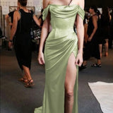 Tineit Elegant Sheath Off The Shoulder Mint Green Slit Prom Dresses With Ruffle Long Evening Dress (PRE-ORDER)