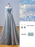 Tineit Elegant A line Strapless Sequin Blue Prom Dresses With Beads Long Evening Dress (PRE-ORDER)