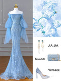 Tineit Elegant Mermaid Off The Shoulder Blue Prom Dresses With Ruffle Long Sleeves Evening Dress (PRE-ORDER)