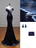 Tineit Elegant Mermaid Off The Shoulder Navy Blue Prom Dresses With Ruffle Long Sleeves Evening Dress (PRE-ORDER)