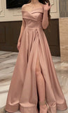 Tineit Elegant A line Off The Shoulder Dusty Pink Prom Dresses With Ruffle Long Slit Evening Dress (PRE-ORDER)