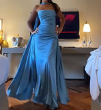 Tineit Elegant Sheath Strapless Blue Satin Prom Dresses With Ribbon Long Slit Evening Dress (PRE-ORDER)