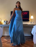 Tineit Elegant Sheath Strapless Blue Satin Prom Dresses With Ribbon Long Slit Evening Dress (PRE-ORDER)