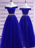 Tineit Pretty A line Off The Shoulder Royal Blue Tulle Prom Dresses With Beads Long Evening Dress (PRE-ORDER)