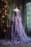 Tineit Vintage Ball Gown Off The Shoulder Tulle Lilac Prom Dresses Long Sleeves Evening Dress (PRE-ORDER)