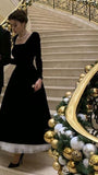 Tineit Vintage Ball Gown Square Neckline Black Velvet Knee Length Prom Dresses Long Sleeves Evening Dress (PRE-ORDER)