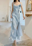 Tineit Elegant Sheath Spaghetti Straps Light Sky Blue Chiffon Prom Dresses With Flower Slit Evening Dress (PRE-ORDER)