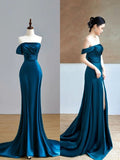 Tineit Pretty Mermaid Off The Shoulder Slit Satin Prom Dresses With Ruffle Long Evening Dress (PRE-ORDER)