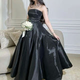 Tineit Modest Ball Gown Strapless Black Satin Long Prom Dresses With Ruffles Evening Dress (PRE-ORDER)