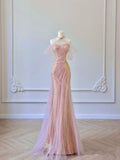 Tineit Pretty Mermaid Sweetheart Pink Sequin Prom Dresses With Ruffle Long Evening Dress (PRE-ORDER)