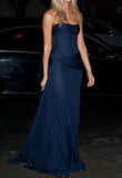 Tineit Pretty Mermaid Strapless Navy Blue Prom Dresses With Ruffle Long Evening Dress (PRE-ORDER)