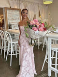 Tineit Pretty Mermaid Spaghetti Straps Light Pink Lace Prom Dresses Long Evening Dress (PRE-ORDER)