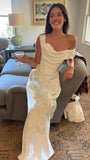 Tineit Pretty Sheath Off The Shoulder White Lace Satin Prom Dresses Long Evening Dress (PRE-ORDER)