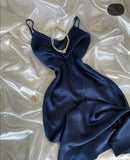 Tineit Pretty A Line Spaghetti Straps Navy Blue Silk Satin Prom Dresses Long Evening Dress (PRE-ORDER)