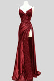 Tineit Pretty Sheath Straps Sleeveless Burgundy Long Slit Slit Prom Dresses Evening Dress With Lace (PRE-ORDER)