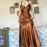 Tineit Pretty Mermaid Halter Sleeveless Brown Long Prom Dresses Evening Dress With Beads (PRE-ORDER)