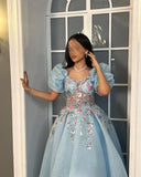 Tineit Pretty Ball Gown Sweetheart Short Puffy Sleeves Light Sky Blue Prom Dresses Long Evening Dress (PRE-ORDER)