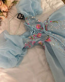 Tineit Pretty Ball Gown Sweetheart Short Puffy Sleeves Light Sky Blue Prom Dresses Long Evening Dress (PRE-ORDER)