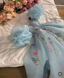 Tineit Pretty Ball Gown Sweetheart Short Puffy Sleeves Light Sky Blue Prom Dresses Long Evening Dress (PRE-ORDER)