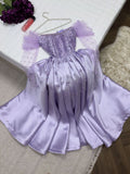 Tineit Pretty Ball Gown Strapless Long Puffy Sleeves Lilac Satin Pearls Prom Dresses Long Evening Dress (PRE-ORDER)